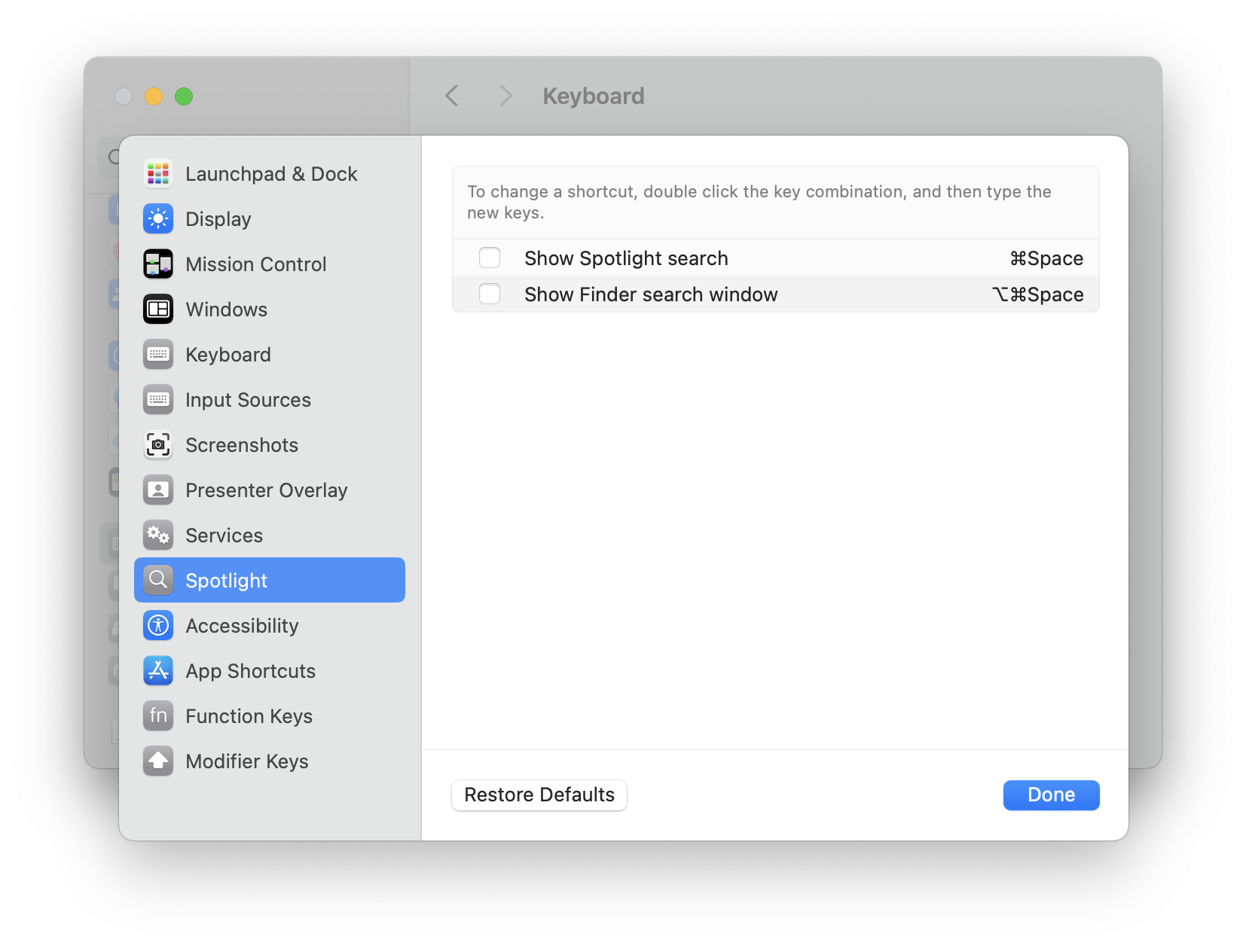 Keyboard Shortcuts window showing Spotlight with Show Spotlight search unchecked