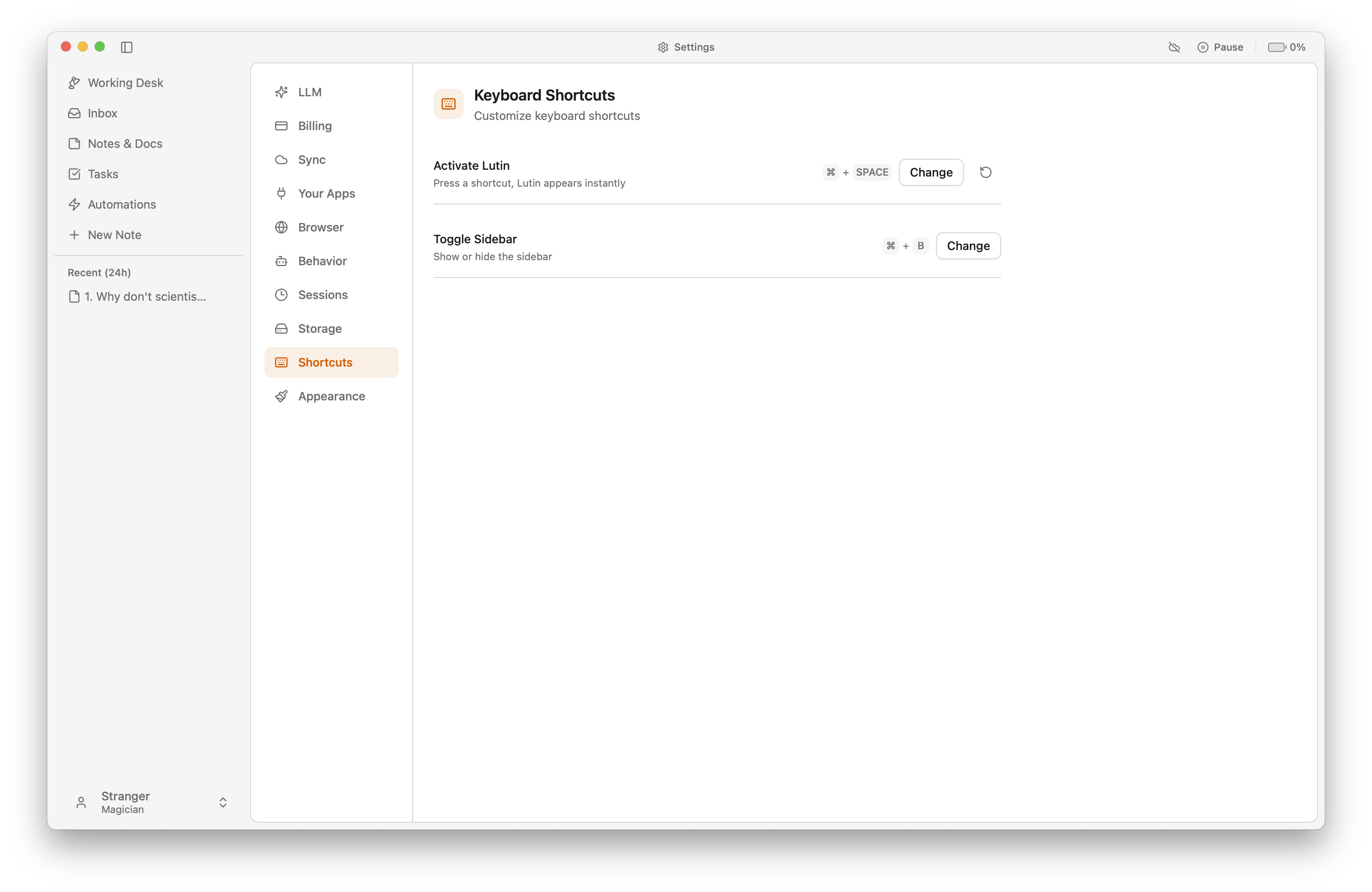 Lutin Settings Shortcuts pane with Activate Lutin set to Command-Space