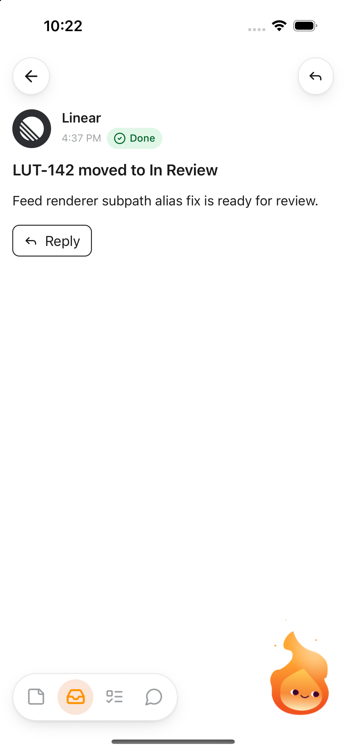 Lutin for iPhone showing the details and reply action for a feed item