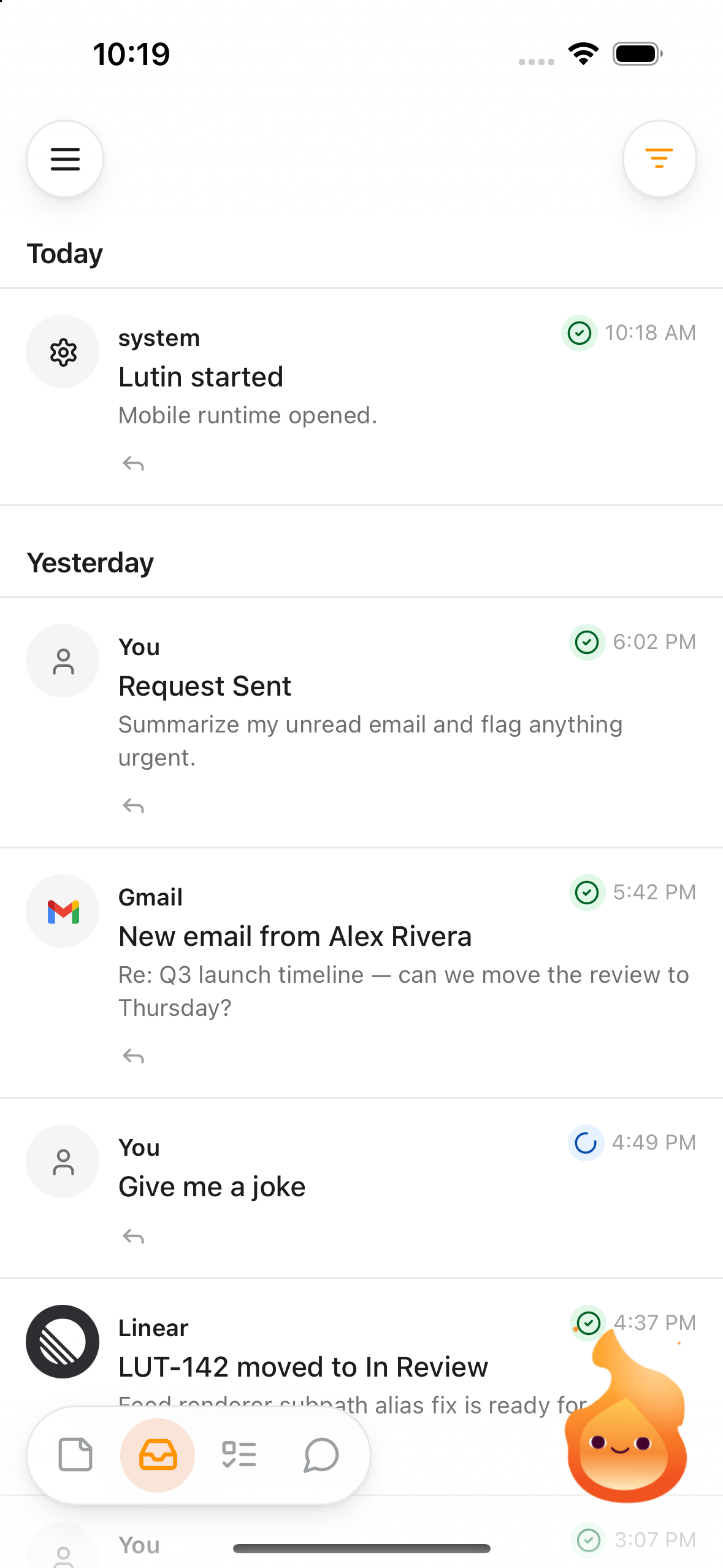 Lutin for iPhone showing requests and account activity in the feed