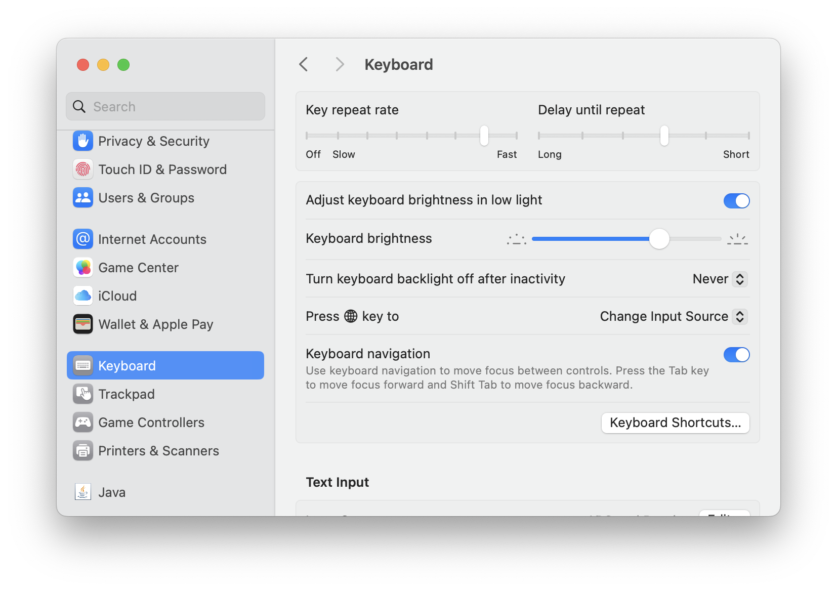 System Settings Keyboard pane with the Keyboard Shortcuts button